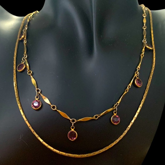 VTG Gold violet crystal bezel necklace small anchor chain chevron drop earrings - Picture 4 of 10